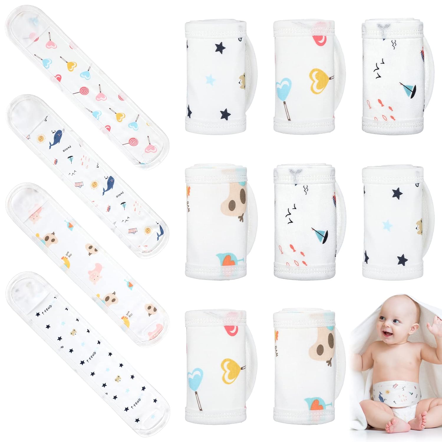 251228012926577_1 8 Pcs Cartoon Cotton Baby Infant Umbilical Cord Belly Bands Baby Belly Protector Baby Belly Button Band Baby Bellies Umbilical Hernia Belt Soft Newborn Navel Belt for 0-12 Months Babies, 4 Styles - Image 1